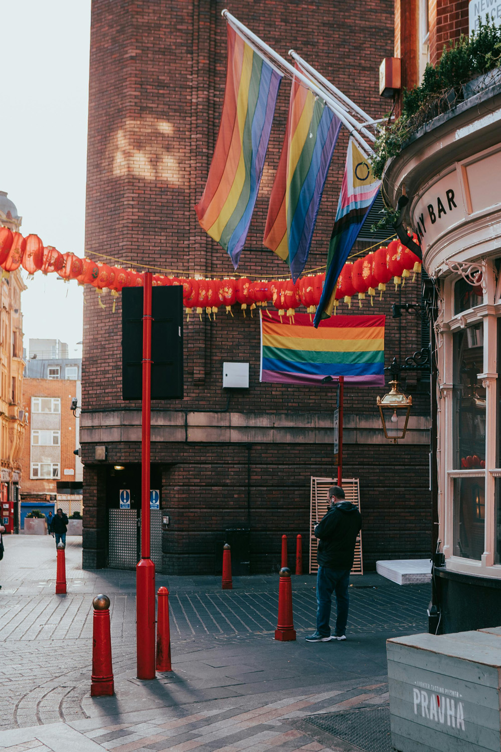 Red Lanterns and Rainbow Flags in the Street of London