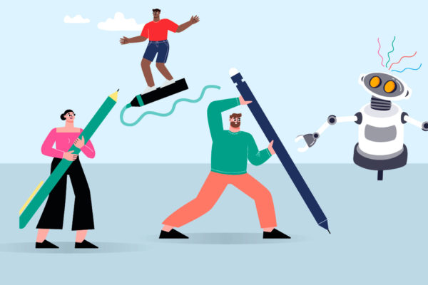 Illustration of two people fighting off a robot with pencils, a person is also flying on a marker in the sky in the background