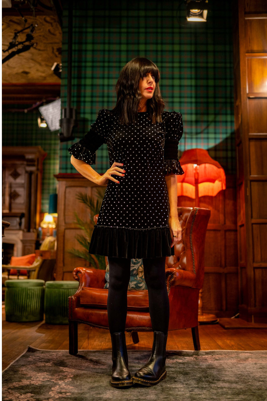 Claudia Winkleman in black dress