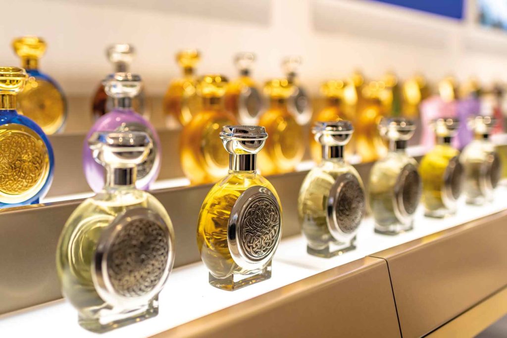 Lines of Boadicea the Victorious perfume bottles on a shelf