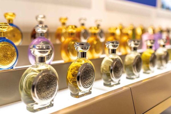 Lines of Boadicea the Victorious perfume bottles on a shelf