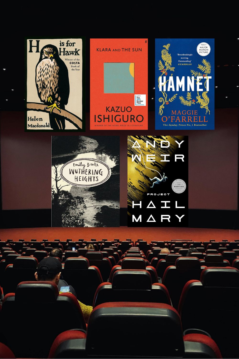 Five book covers against a cinema background