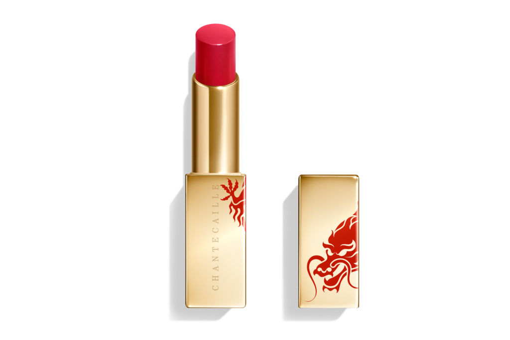 Red lipstick with red and gold dragon design