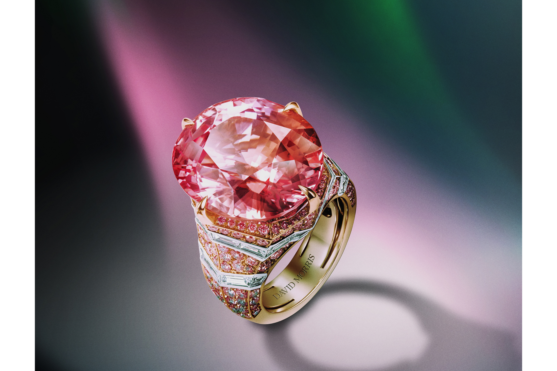 David Morris Horizon ring with pink padparadscha sapphire and pink diamonds