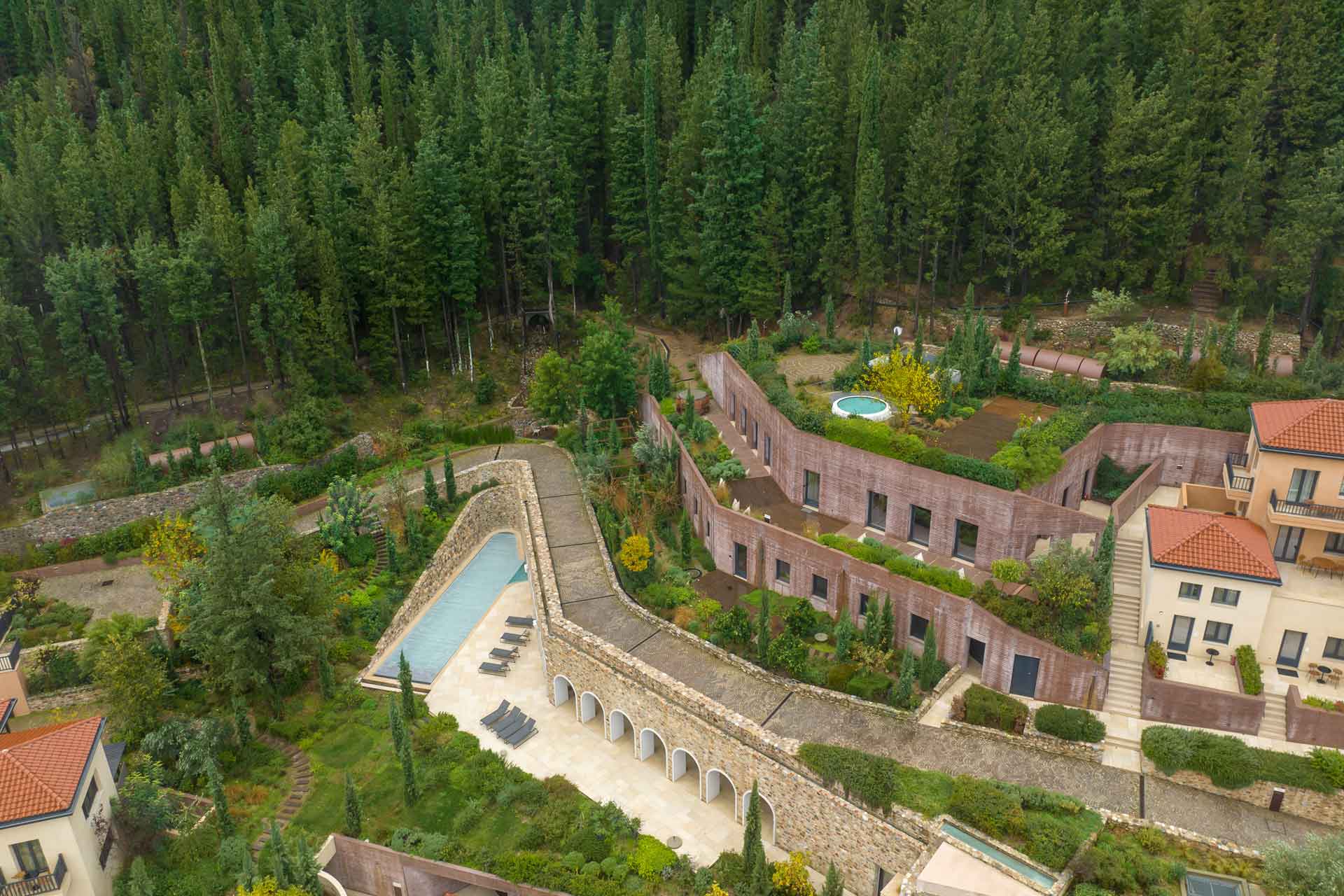 Aerial view of Euphoria Retreat Wellness Resort in the Spartan mountains.
