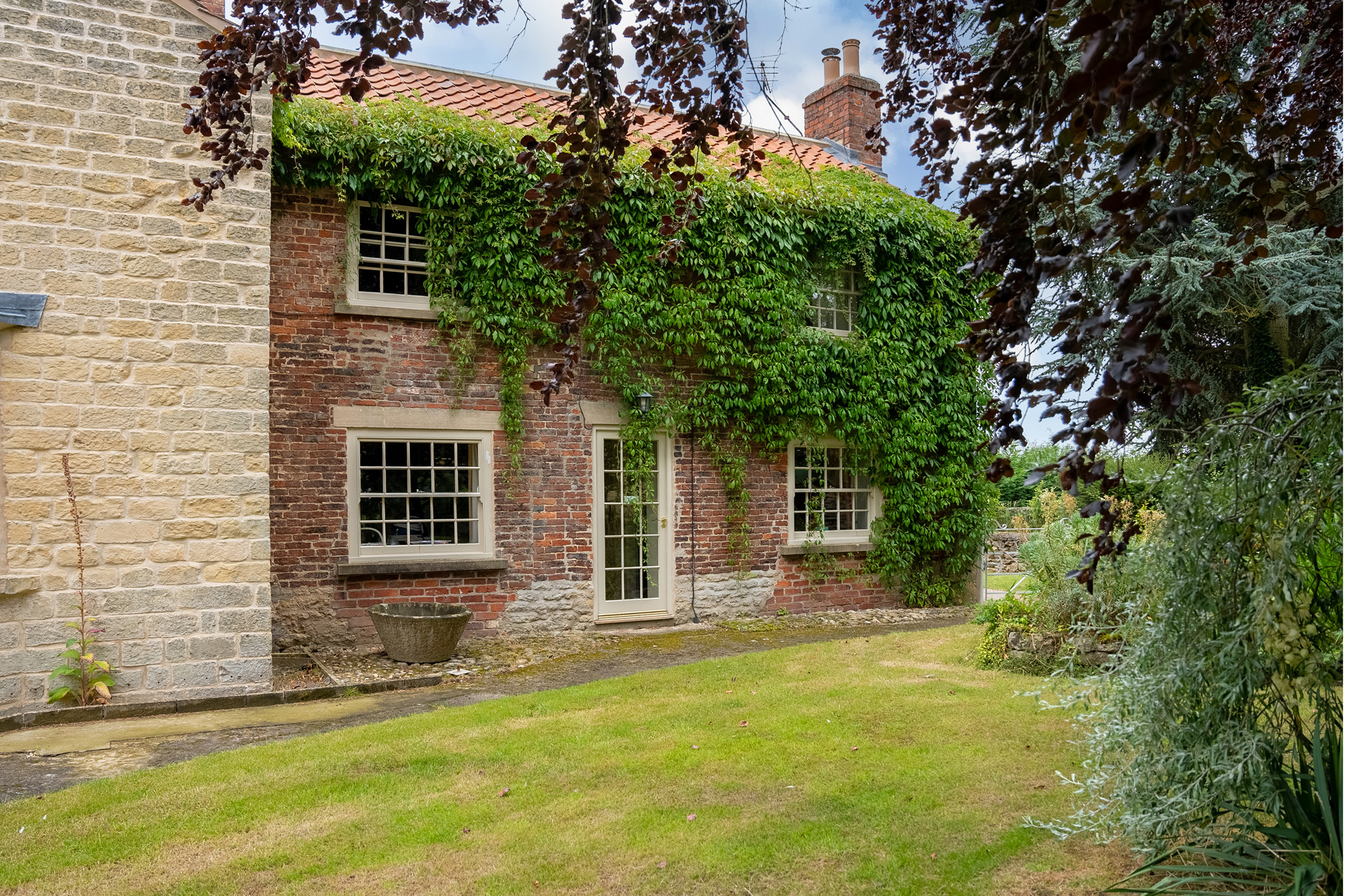 A red brick cottage covered in ivy