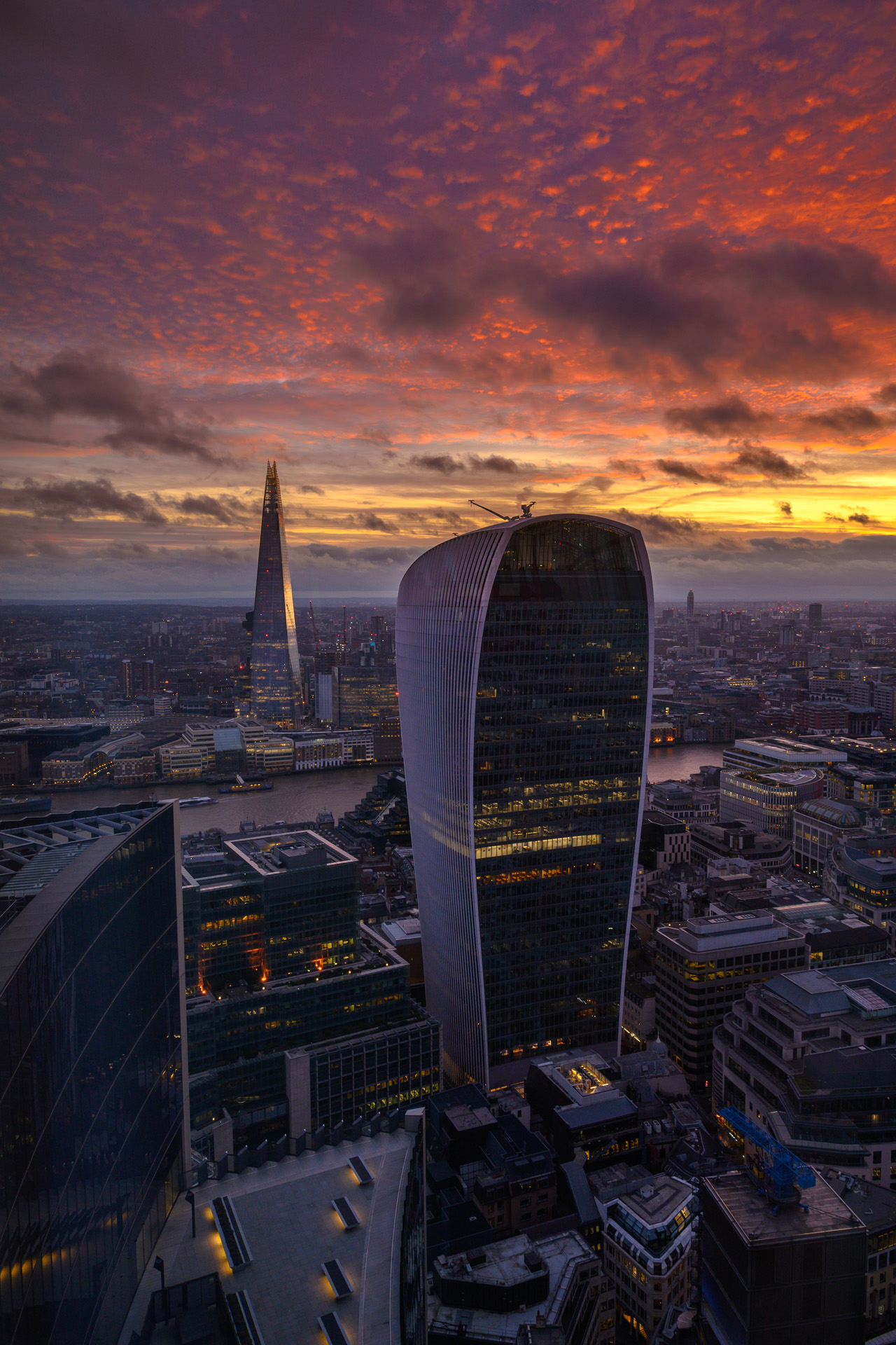 The London Skyline at Sunset, looking towards The Shard and 20 Fenchurch Street (Skygarden)
