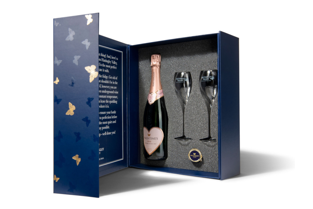 Bottle and glasses in blue box