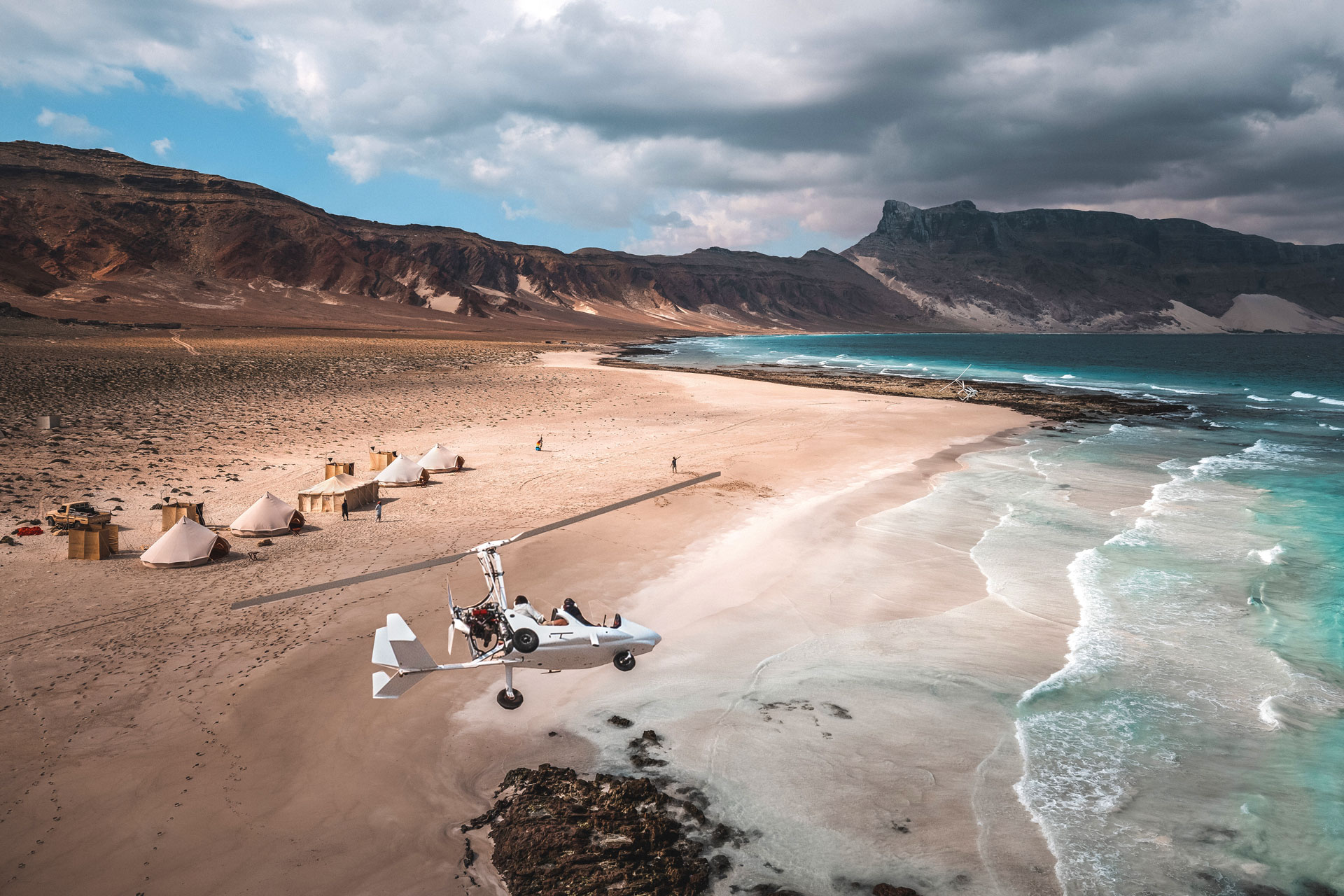 Helicopter flying in desert