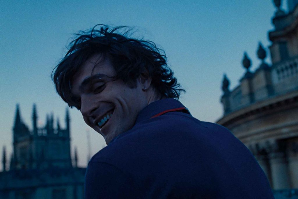 Still from Saltburn, with Jacob Elordi in Oxford at sunset