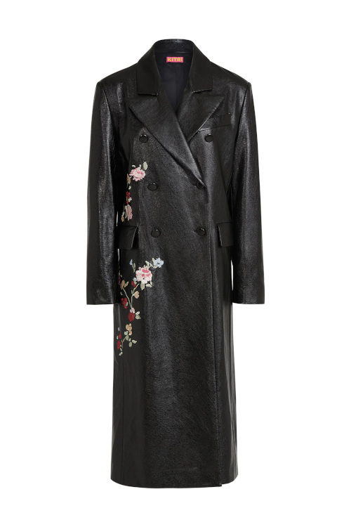 Black vinyl jacket with embroidered flowers