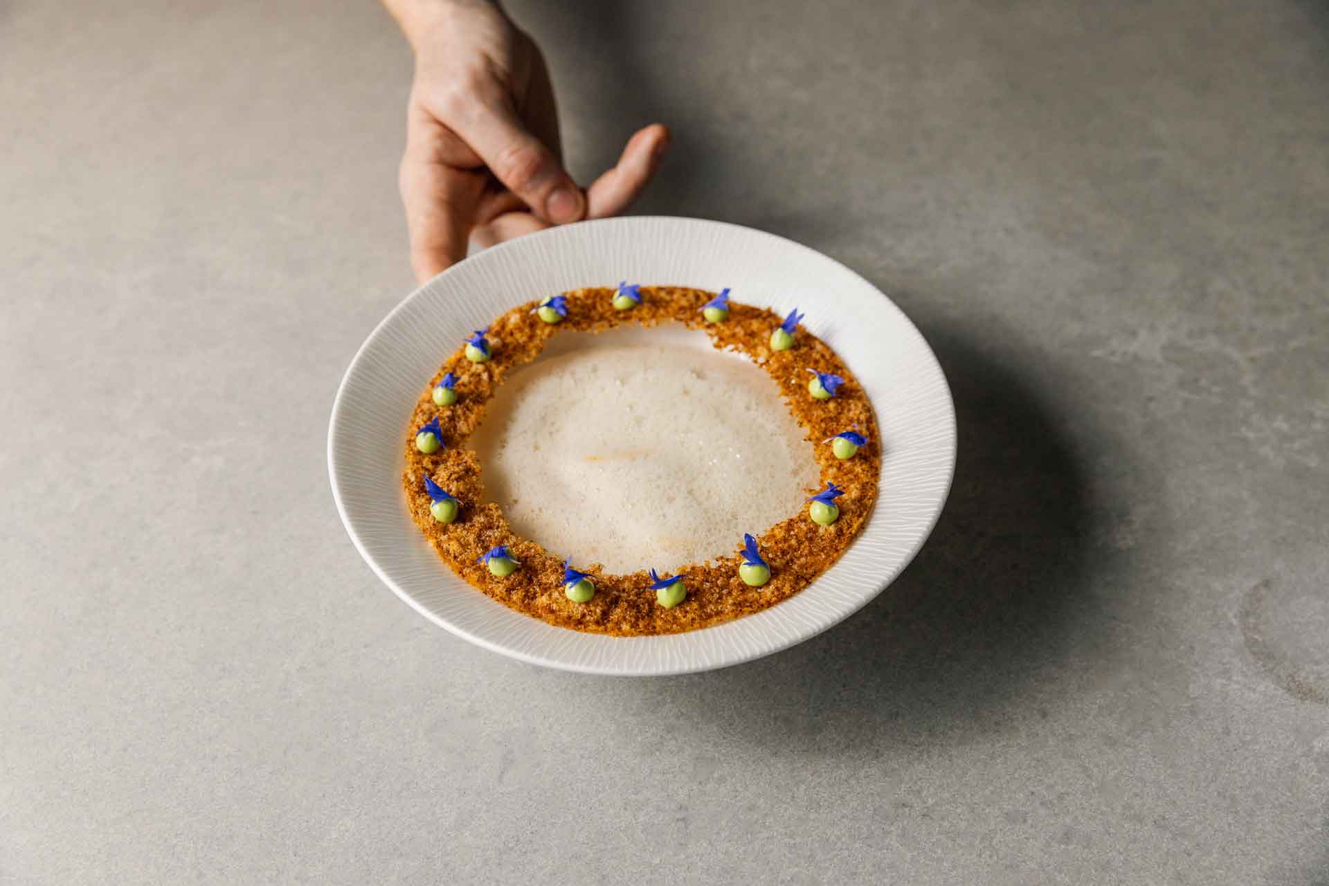 Tomato risotto with white tomato foam and parmesan crisp