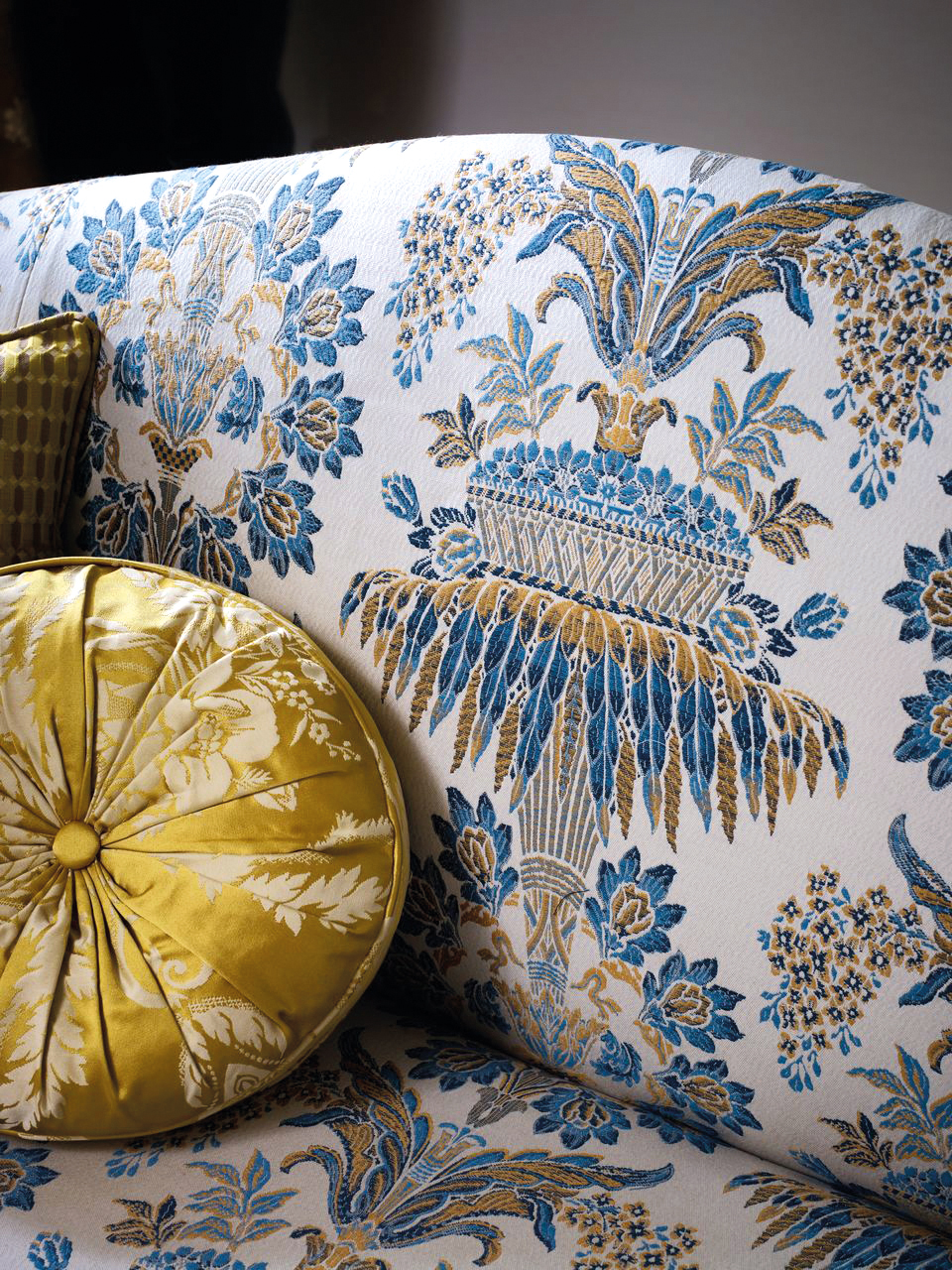 A patterned upholstered sofa