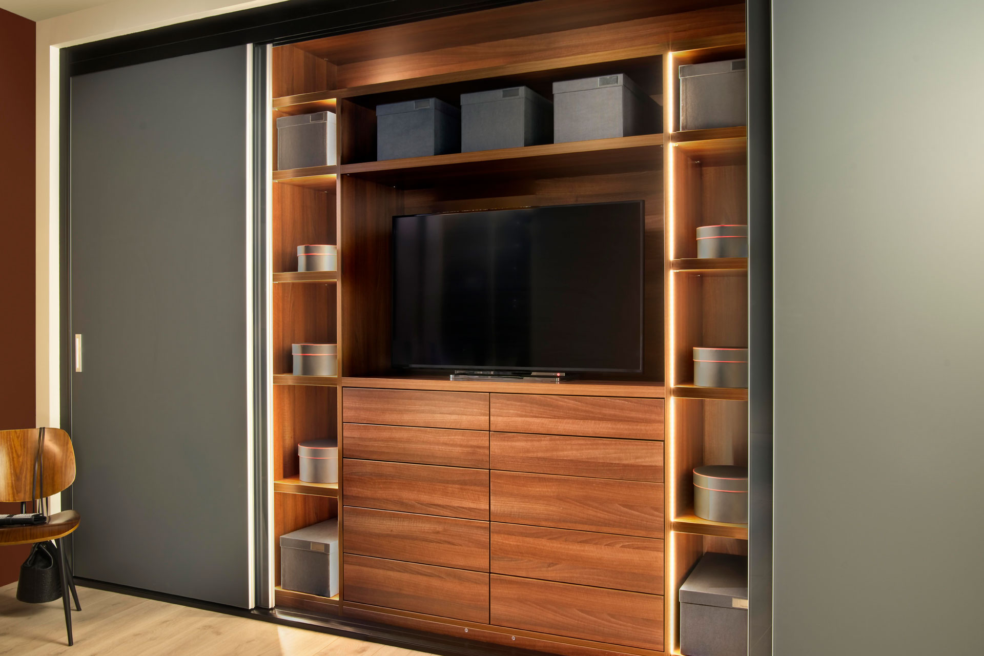 Dark grey sliding storage space
