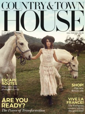 Magazine cover showing model in white boho dress holding two grey horses.