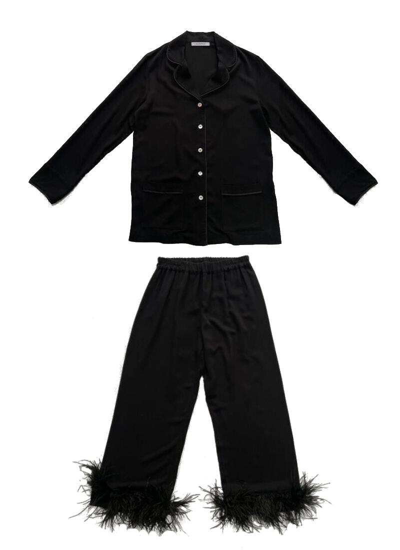Sleeper Party Pyjama Set M 12 Feather Trim PJ Coord Shirt Trouser Lounge Black