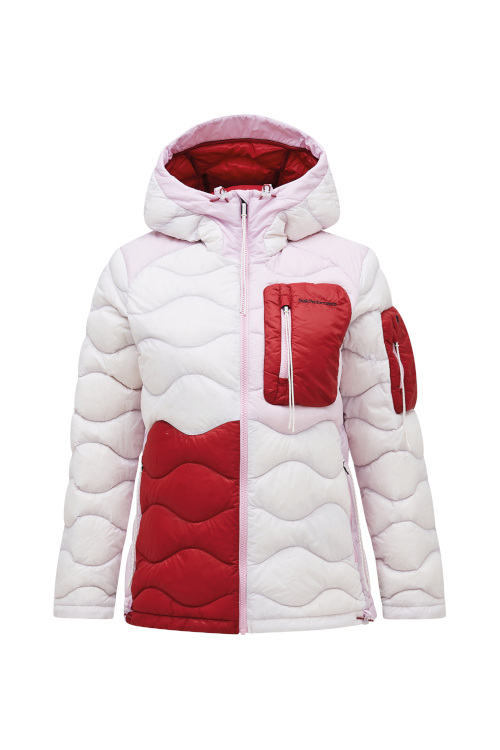 White, pink and red puffer coat