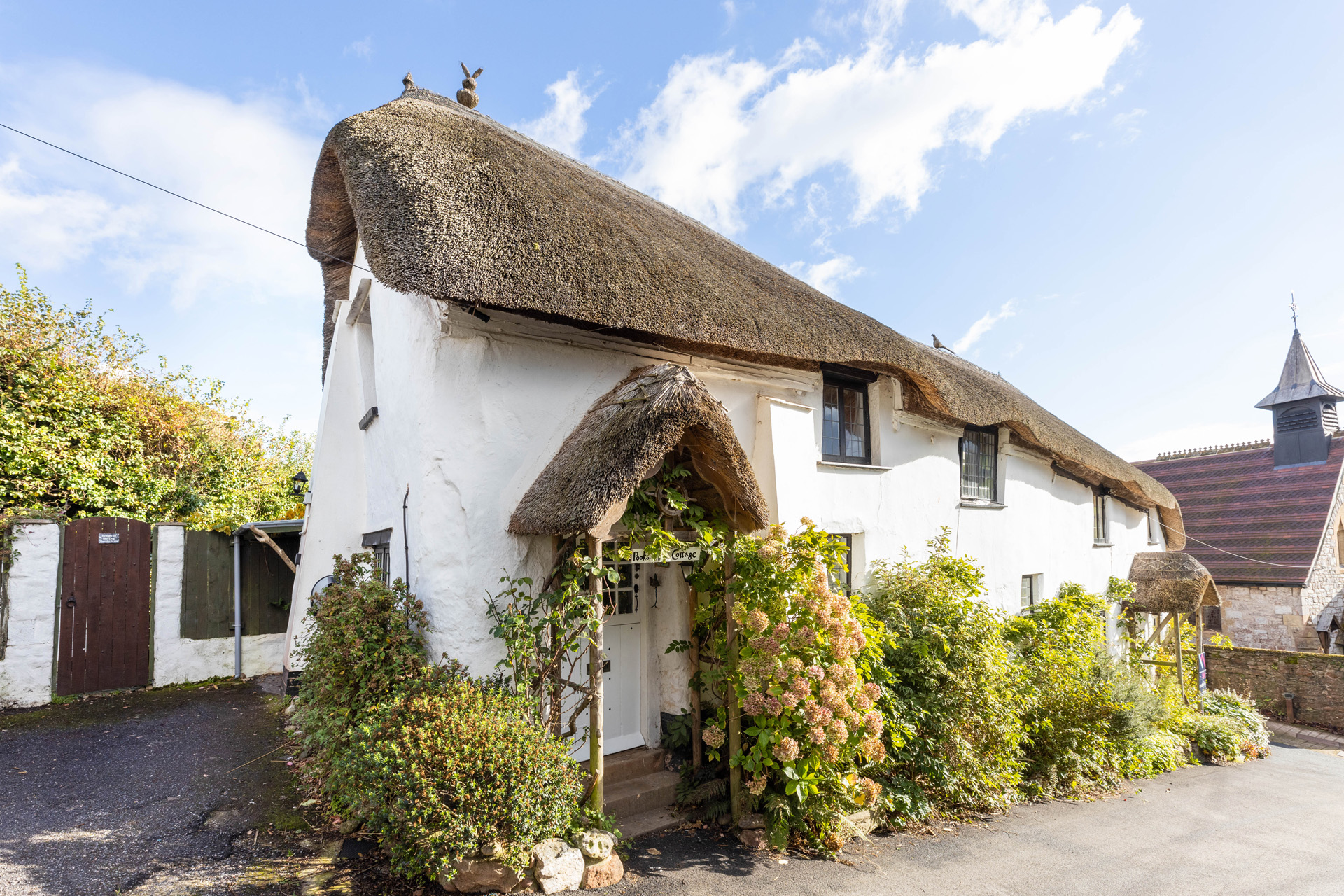 A white cottage with a thatched roof and plants