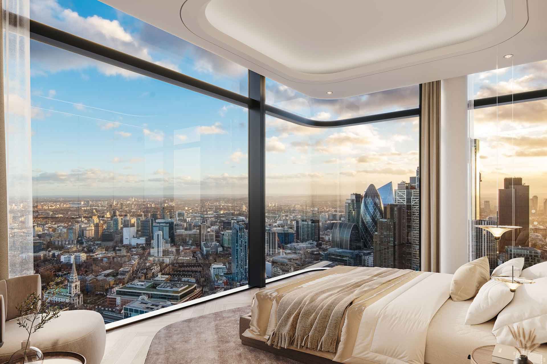 Bedroom with a beige and cream colour palette, and floor-to-ceiling windows with views of London.
