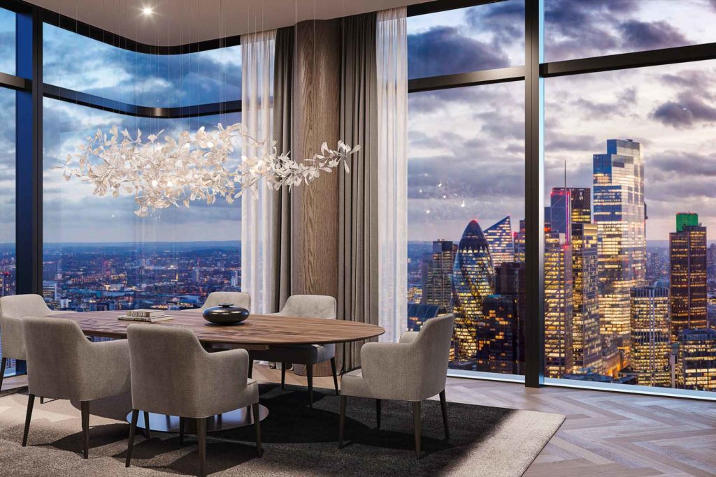 Dining room with cloud light pendant and floor-to-ceiling windows overlooking the London skyline.
