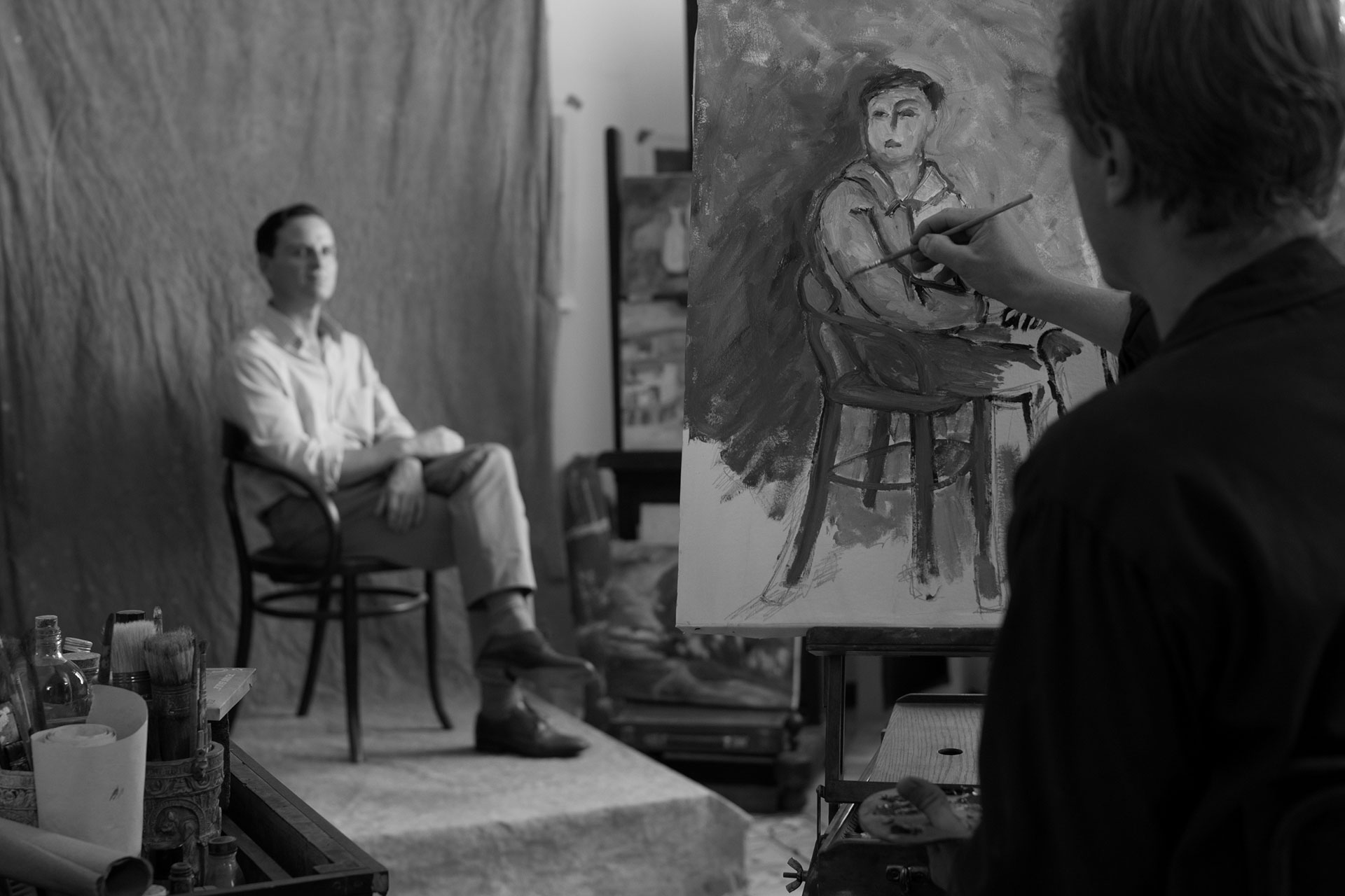 Andrew Scott in Ripley, posing while having a portrait painted