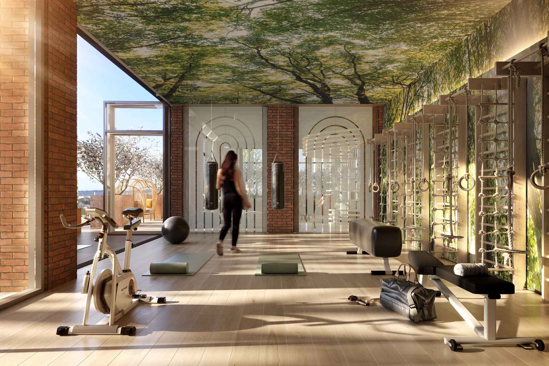 CGI image of gym space with floor-to-ceiling windows and patterns of vines on the ceiling.