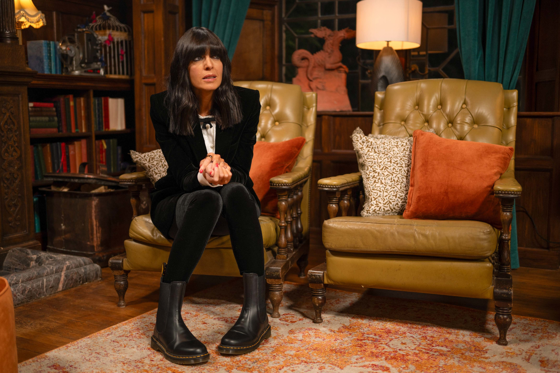 Claudia Winkleman in black velvet suit