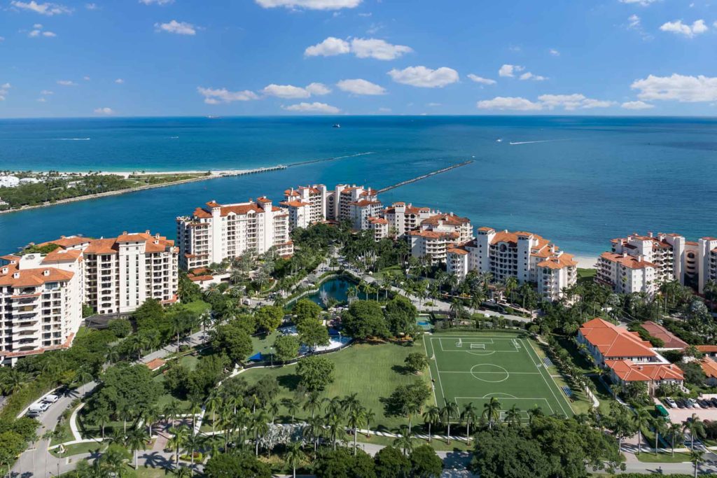 Aerial view of apartments and tennis courts at Fisher Island