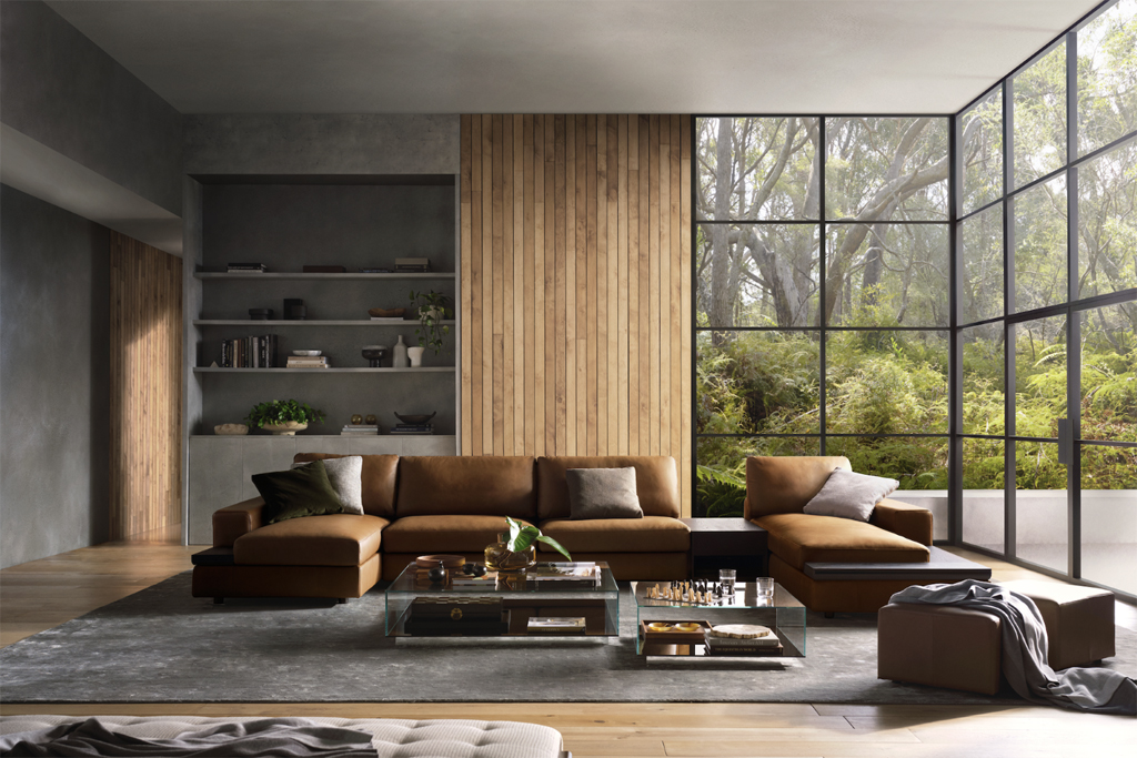 A leather sofa in an open plan living room