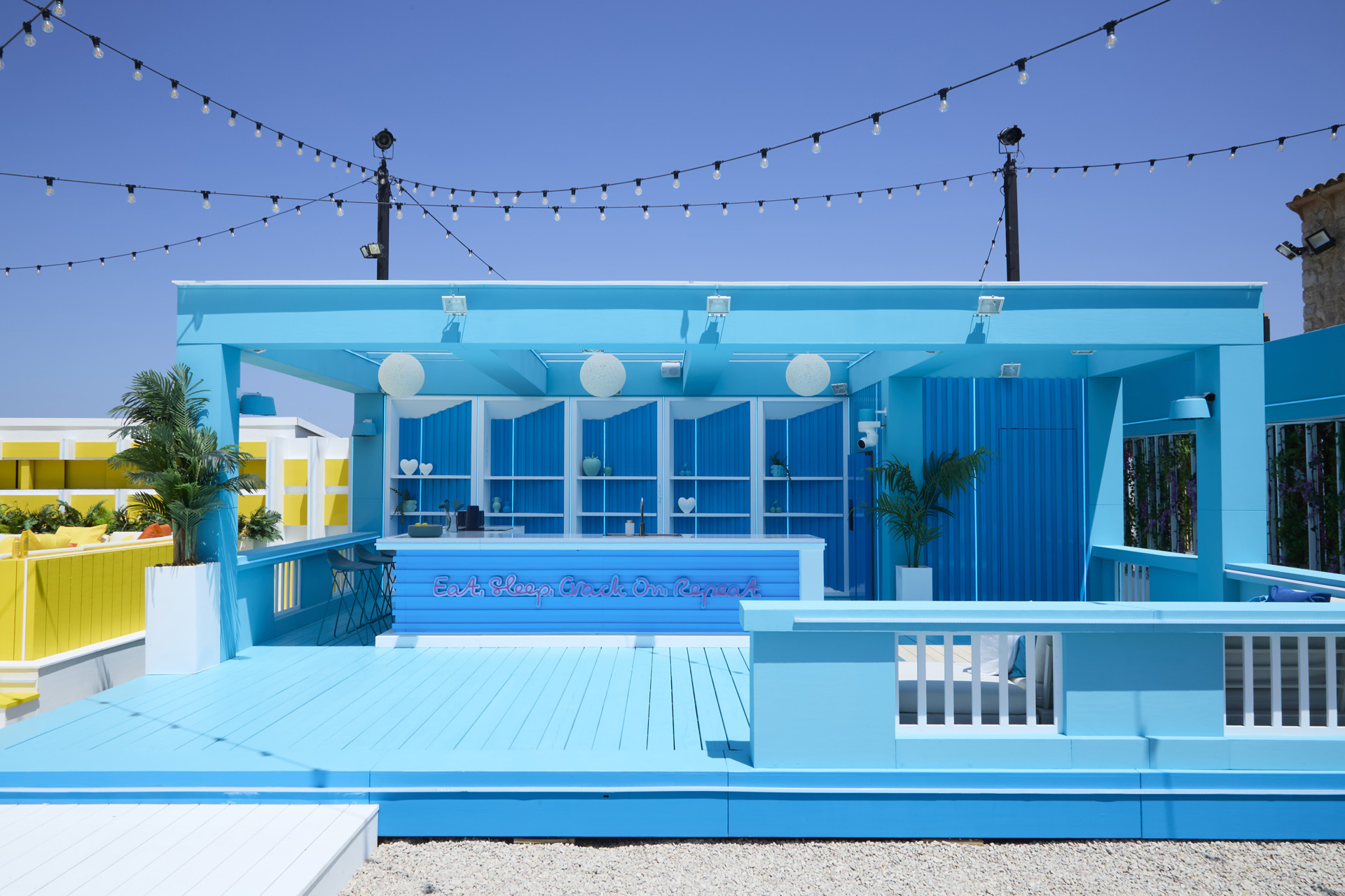 An all-blue outdoor kitchen