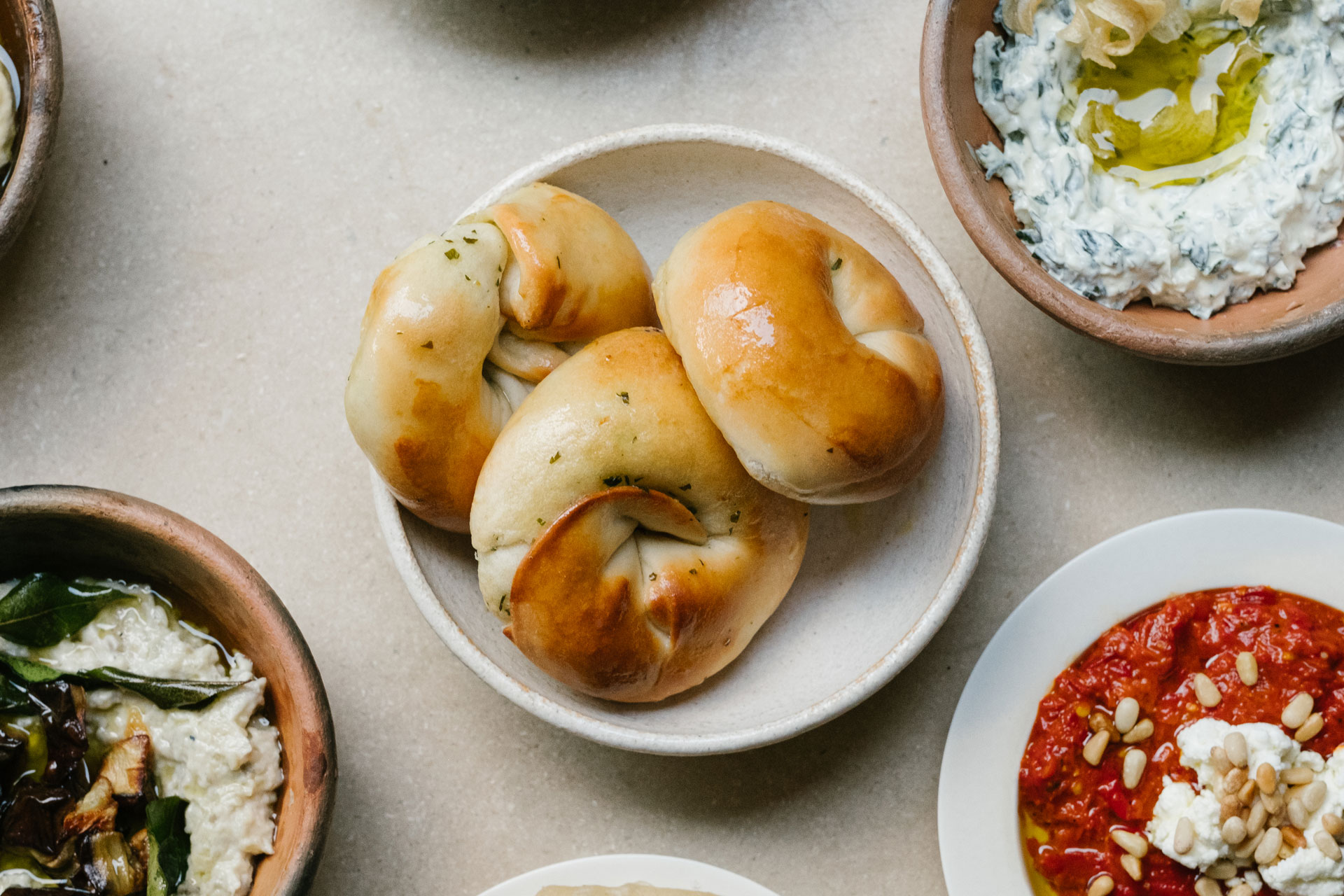 Bread and dips at OMA restaurant in London