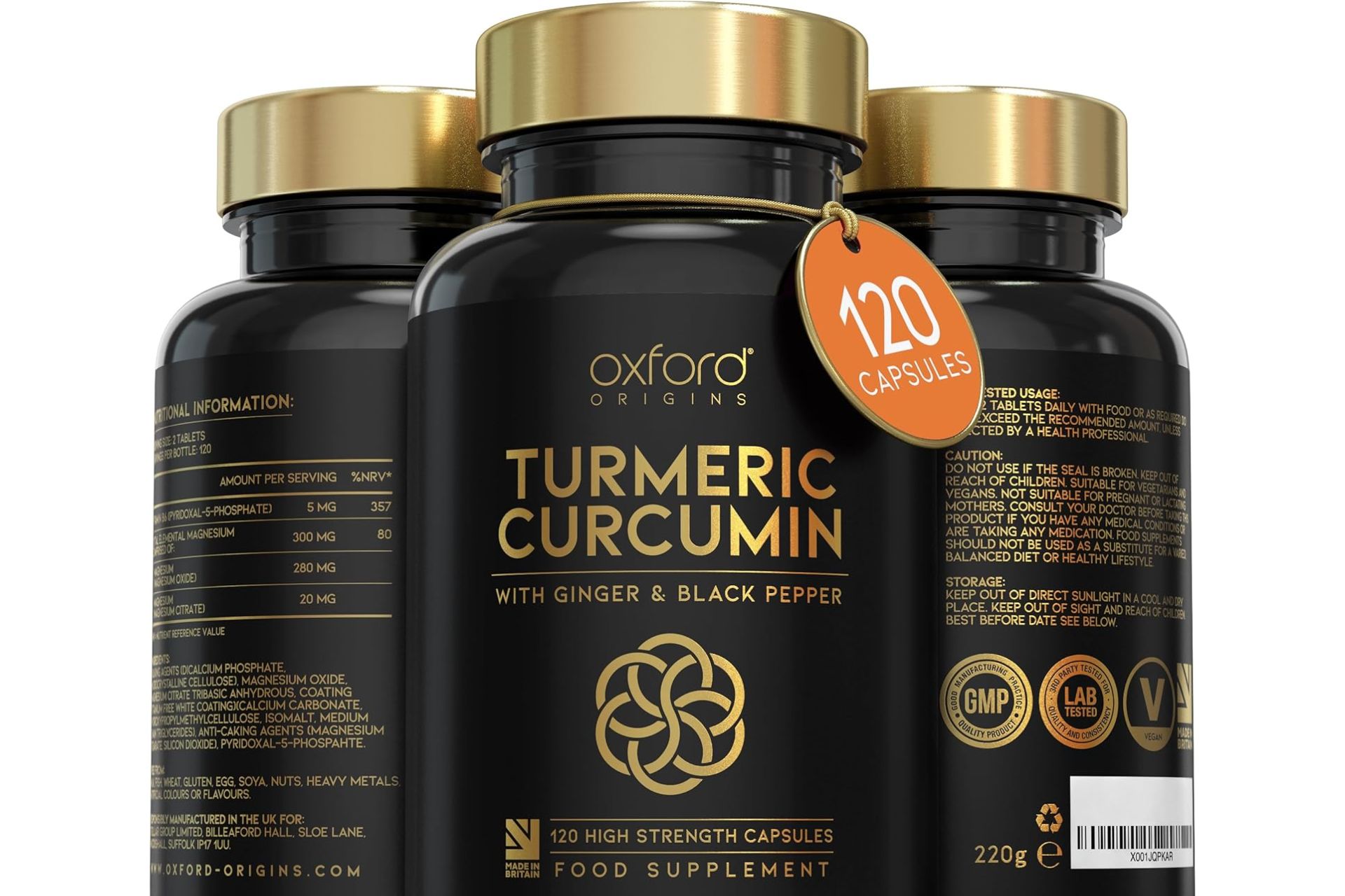 Black bottles of supplements with gold lids