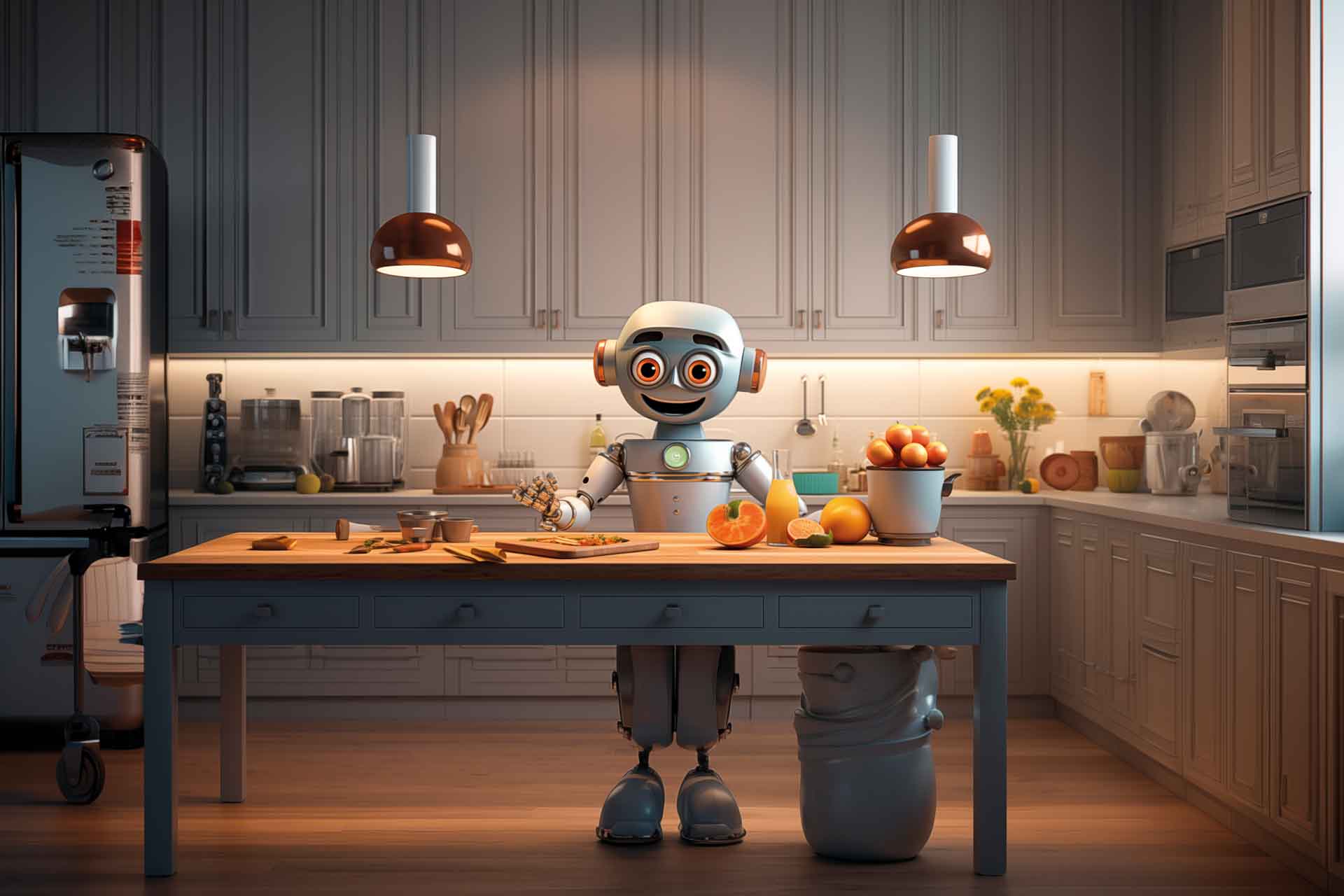 AI image of robot making a meal in a kitchen