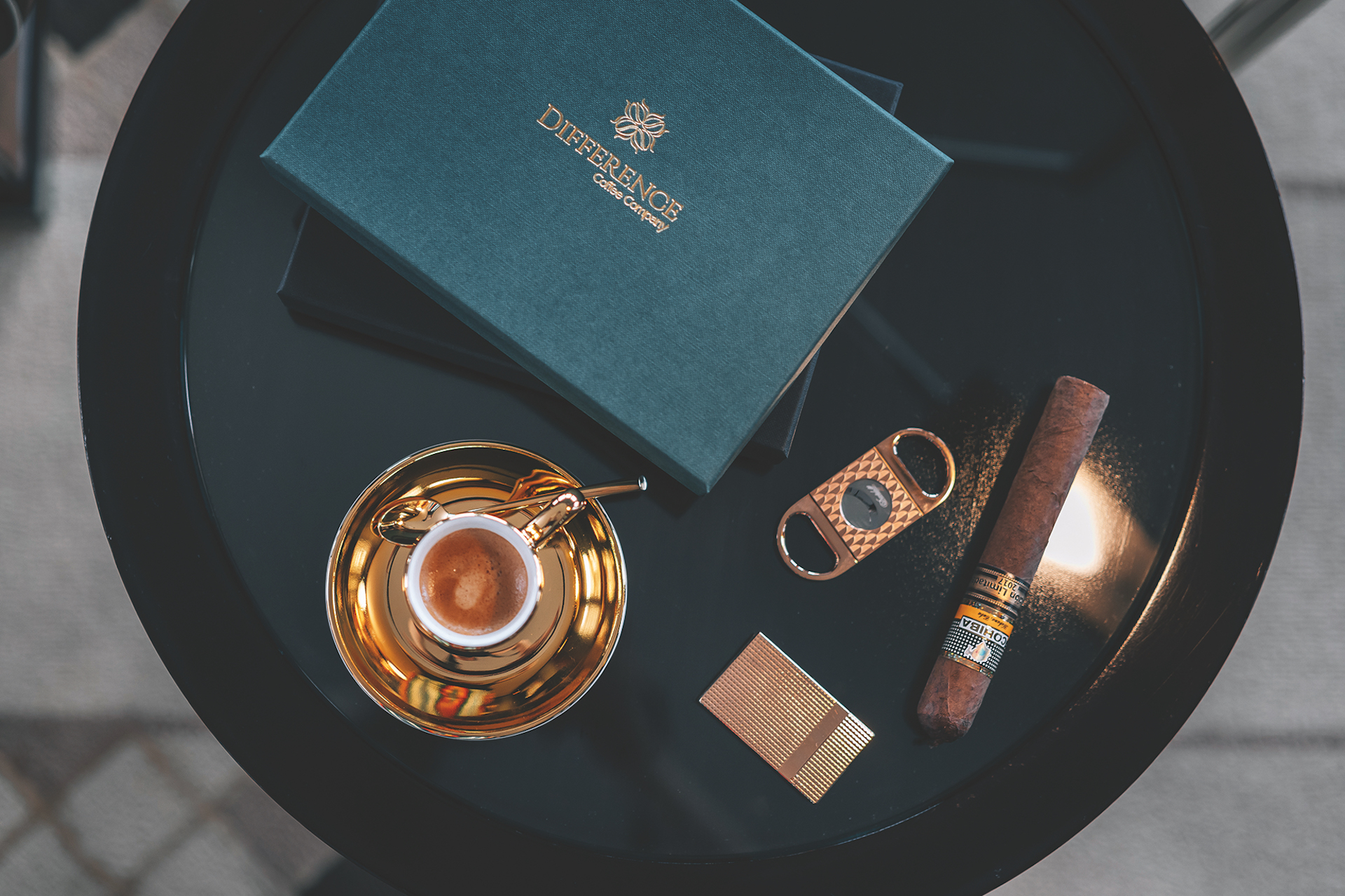 Difference Coffee tray with espresso cup and cigar
