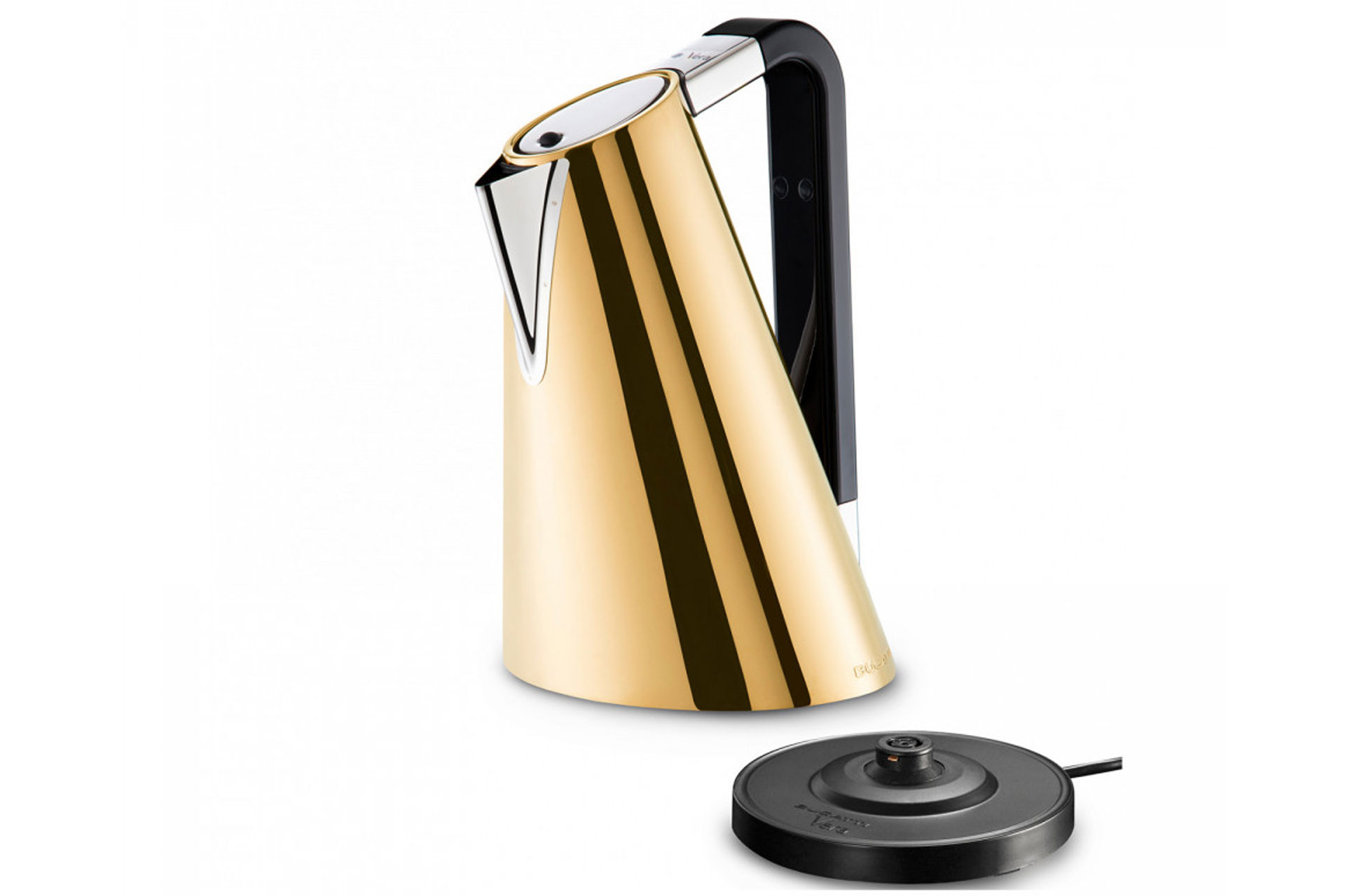 Sleek gold kettle with black handle