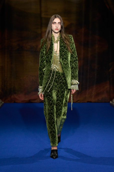 Woman in green suit | London Fashion Week designers