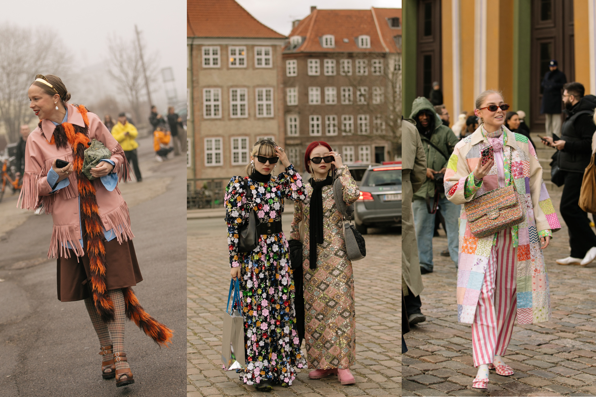 Woman in colourful print outfits walking down streets