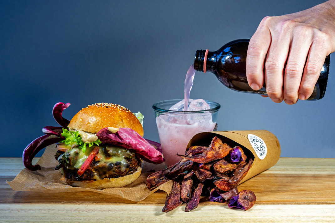 Burger, fries and kombucha