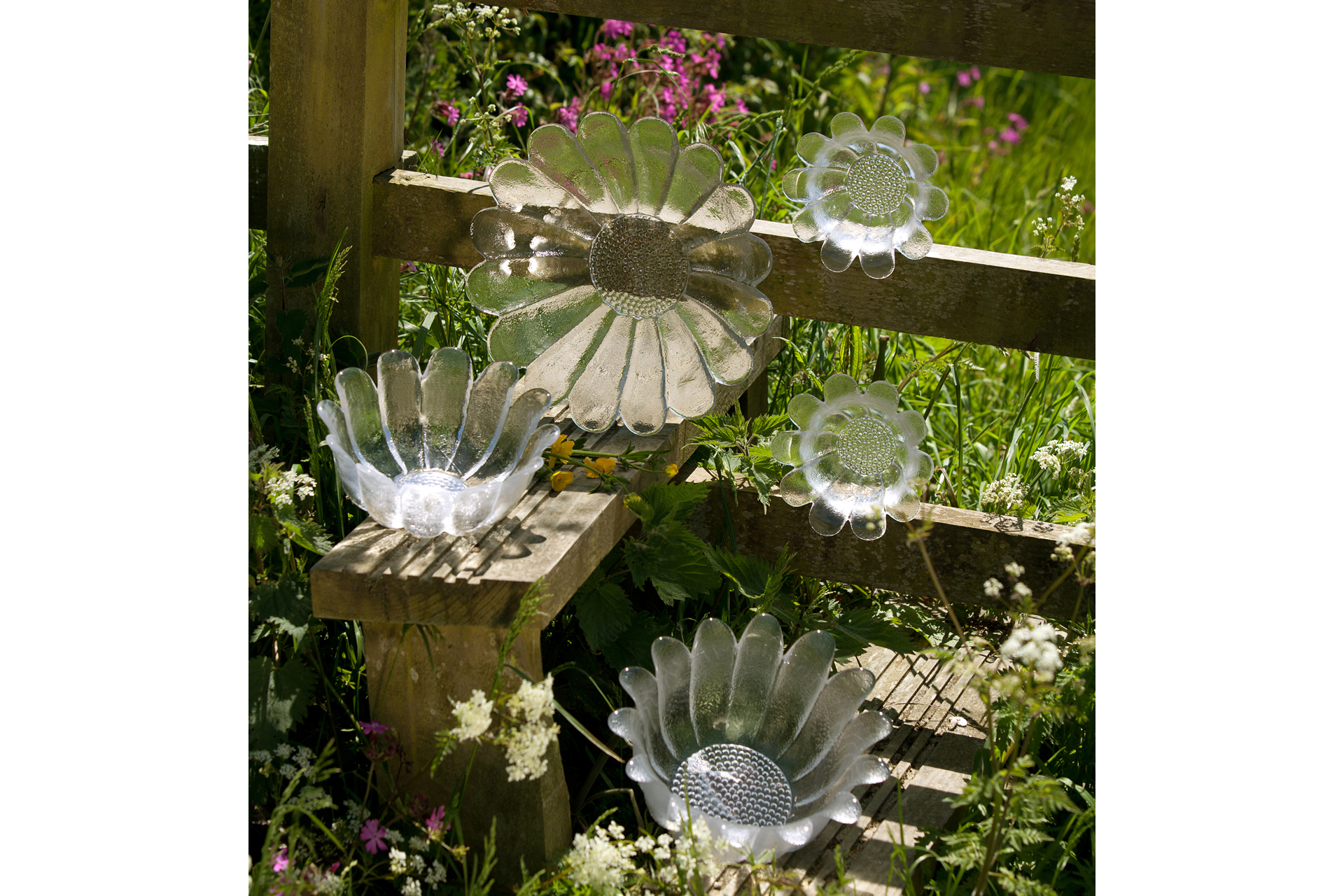 Five Daisy bowls by Dartington Crystal, displayed outside on a stile