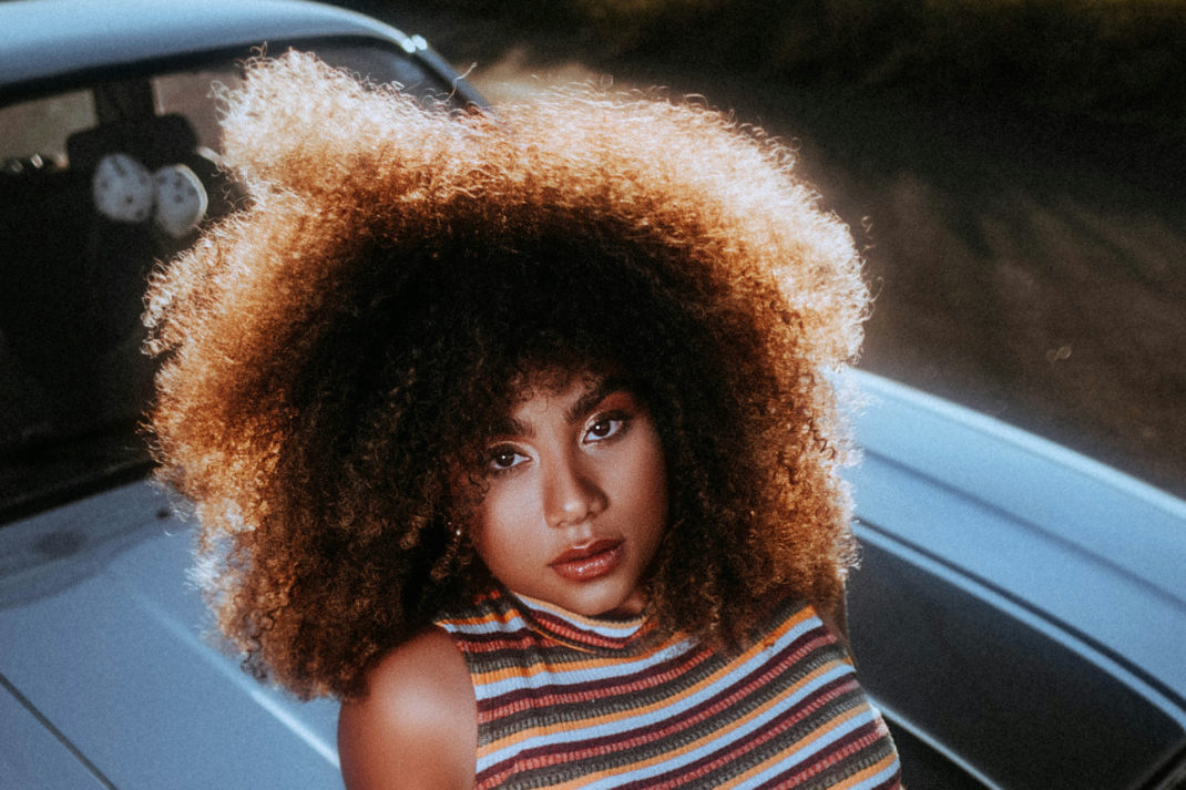 Woman with curly halo hair