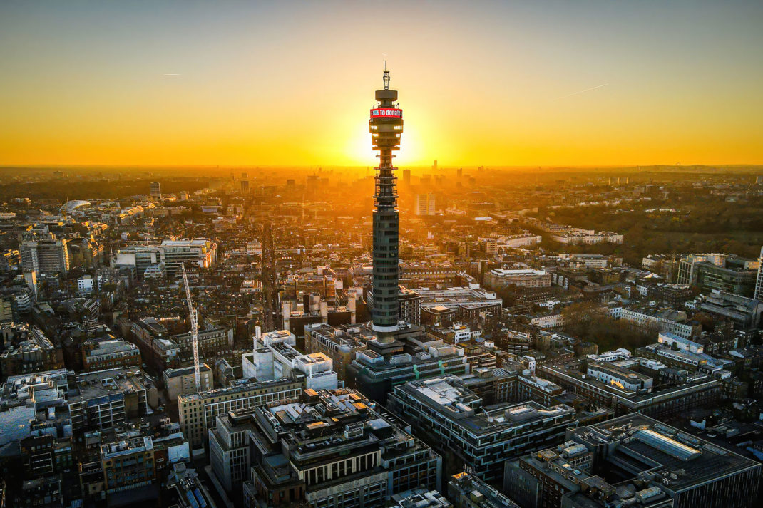 BT Tower amid London skyline at sunset