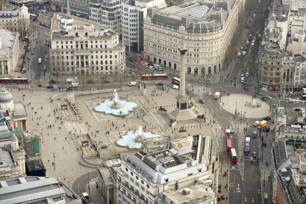 Aerial view of Trafalgar Square in London England.