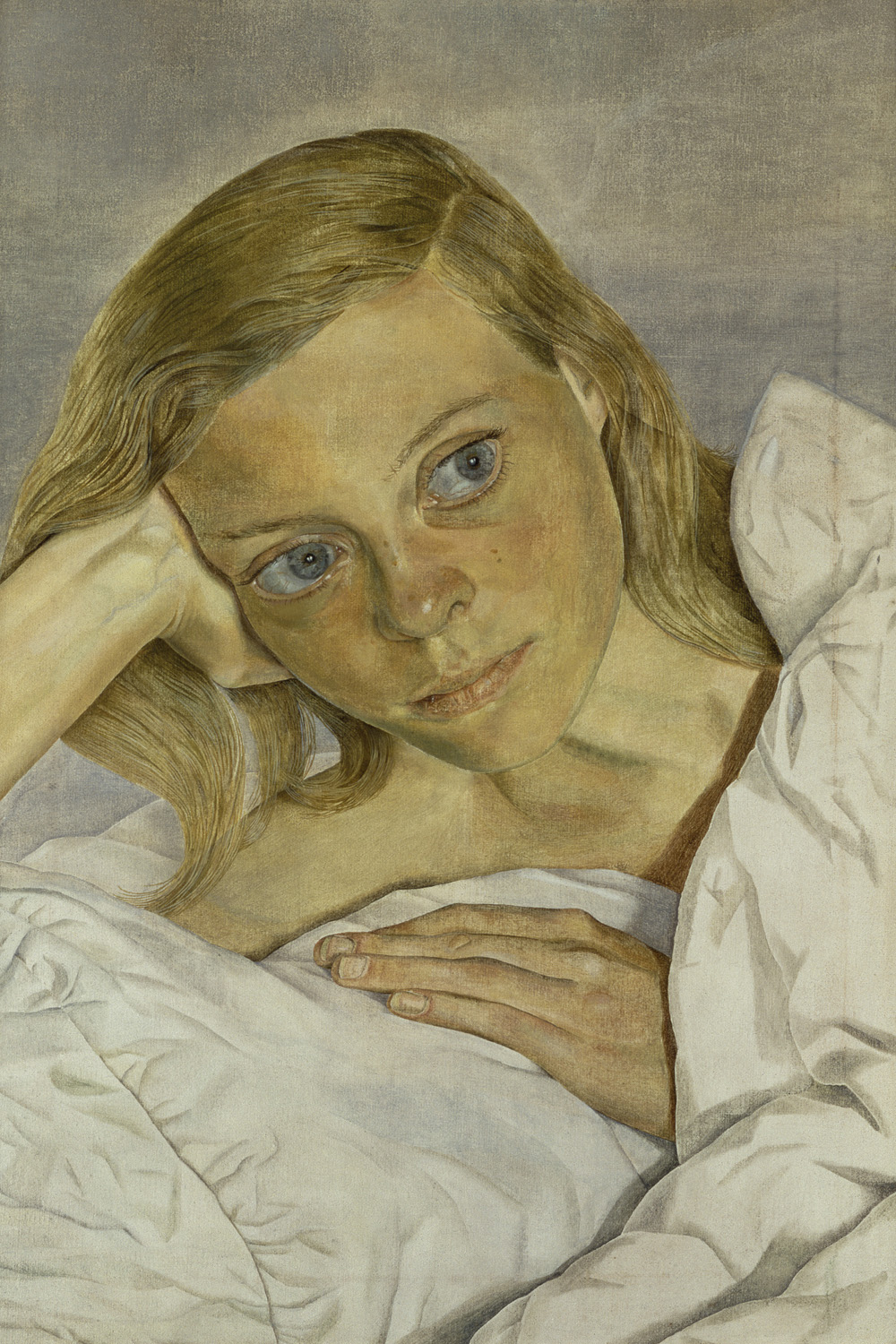 A painting of a blonde woman in bed