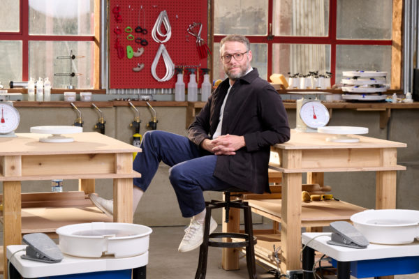 Seth Rogen sat in pottery studio
