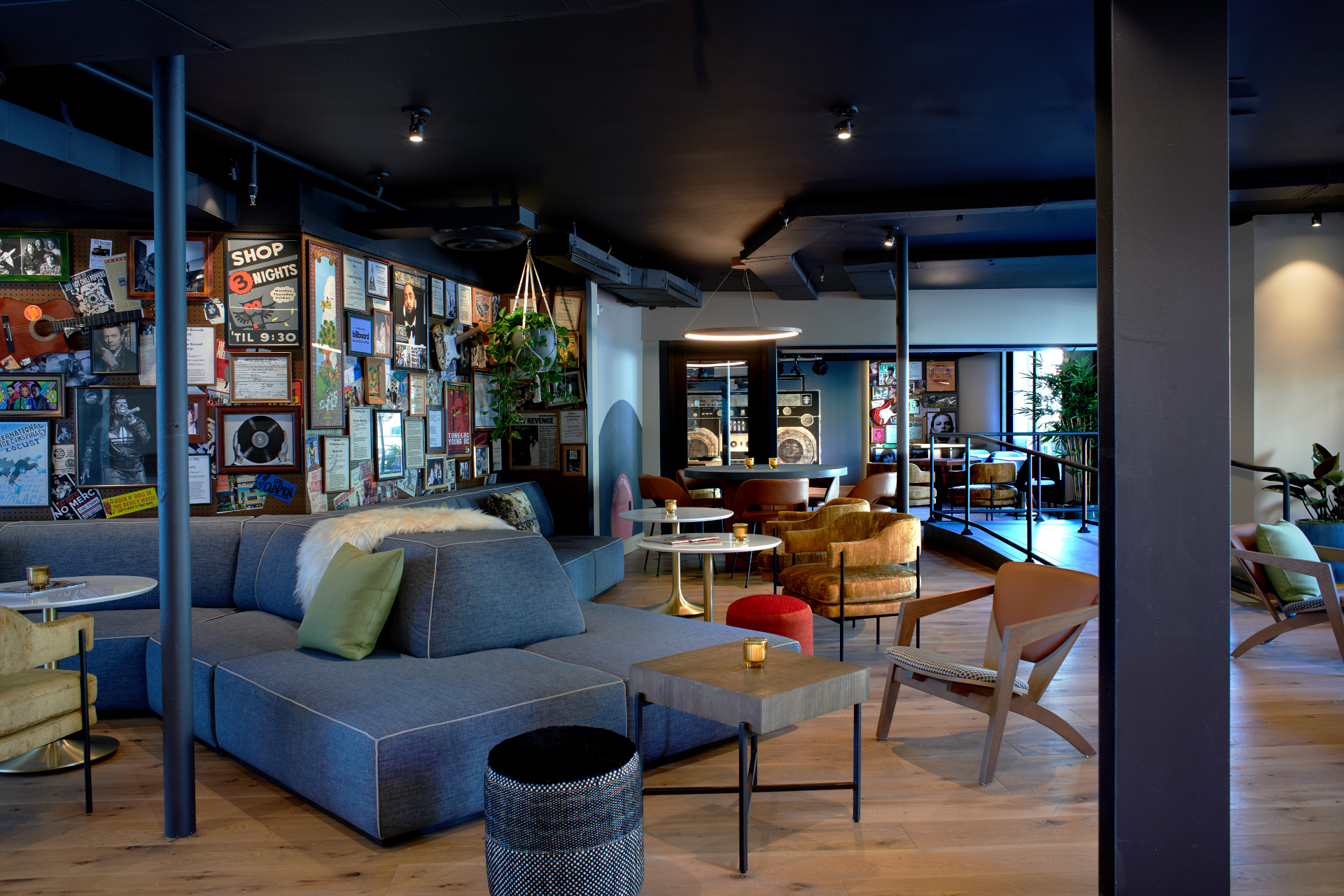 Seating area with records on the wall