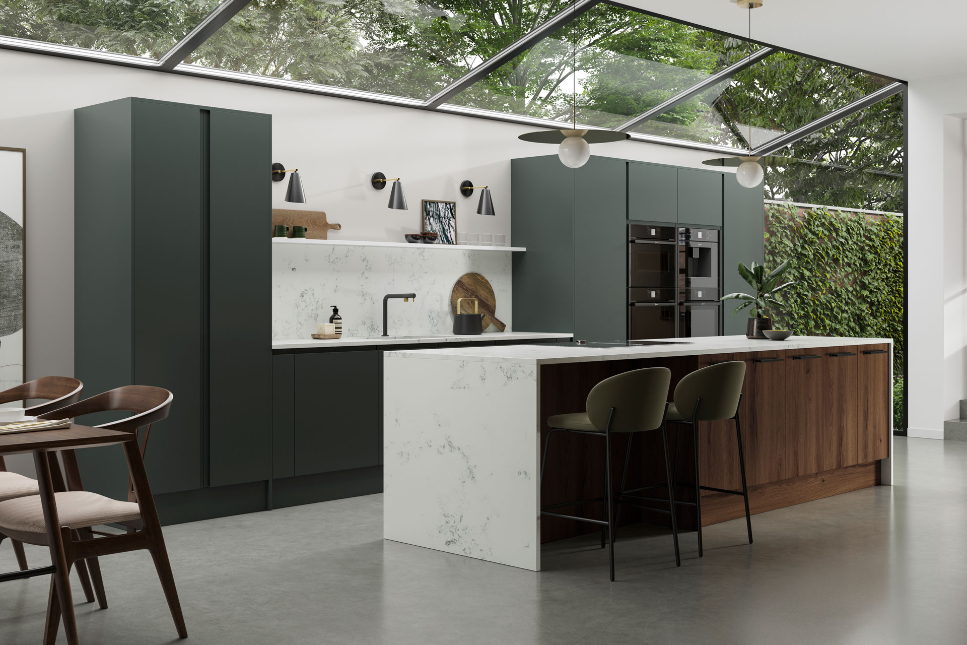 Modern kitchen with black cabinets and white stone worktops