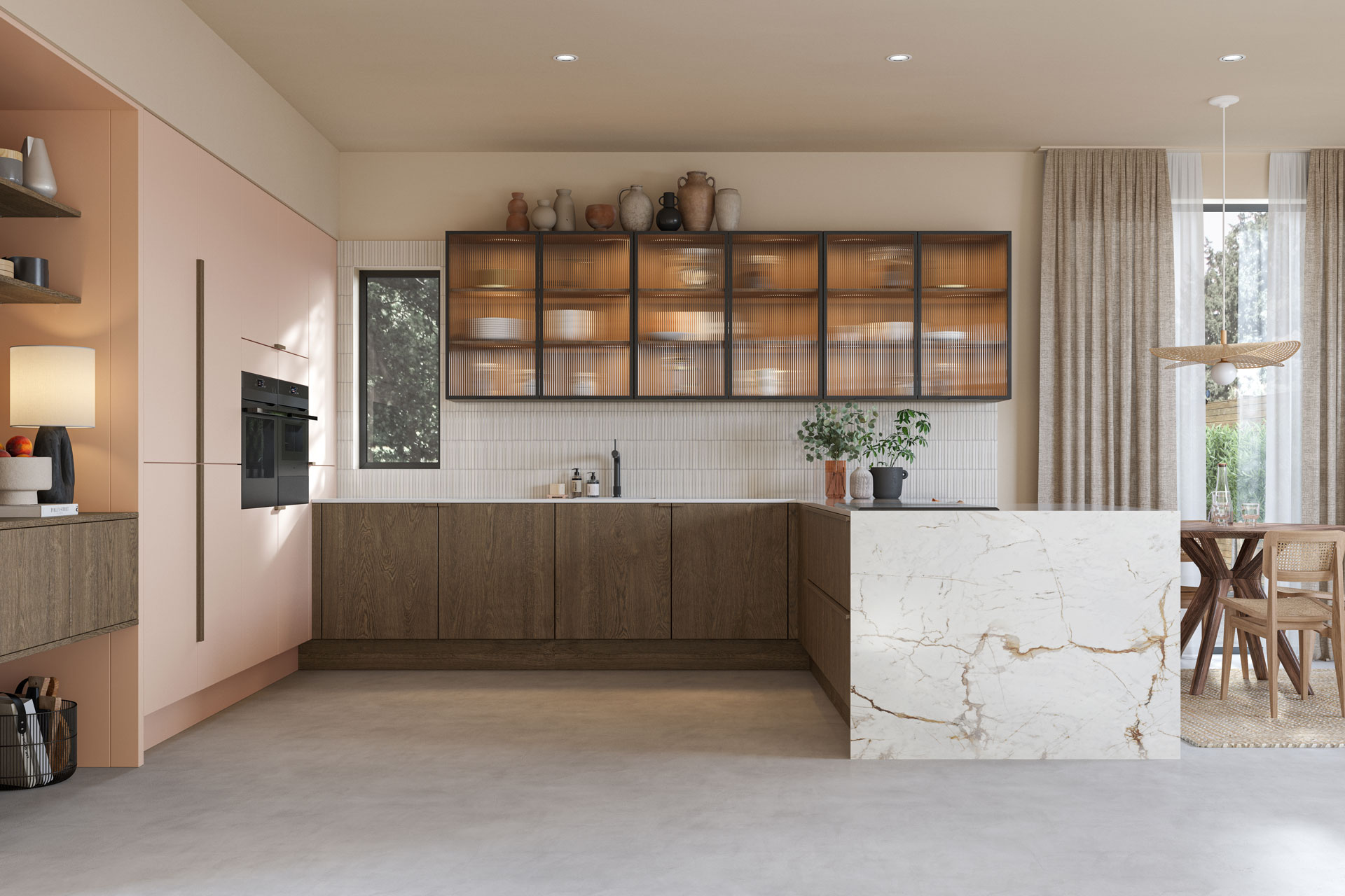 Modern kitchen with dark wooden cabinets and white stone worktops.
