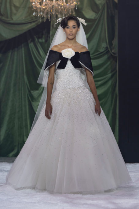 Woman in black and white ballgown