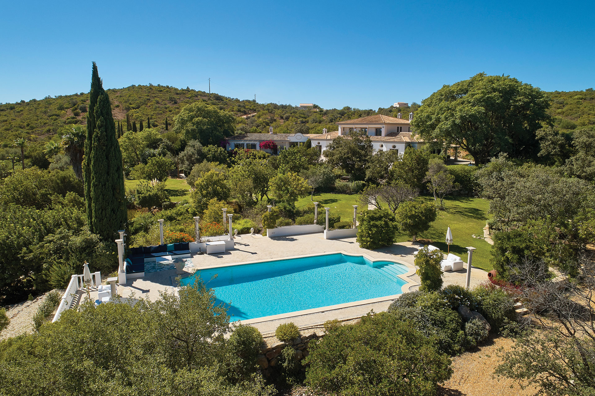 Aerial view of Portugal villa with outdoor pool.