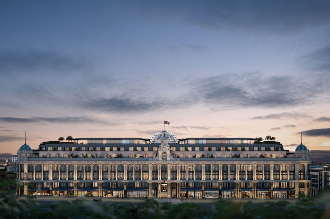 Exterior shot of The Whiteley, an art deco building in Bayswater, at sunset